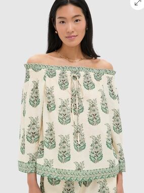 Tuckernuck Cream & Green Printed Boho Top